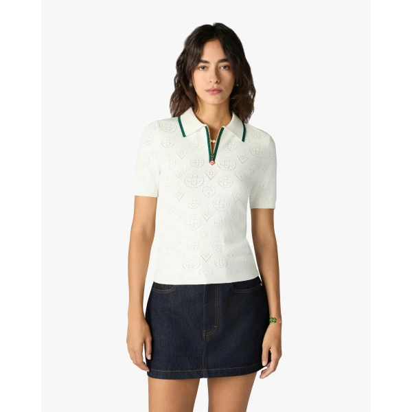 Casablanca White Pointelle Monogram Short Sleeve Cropped Polo Shirt | Polo Shirt | Luxury Shoes 