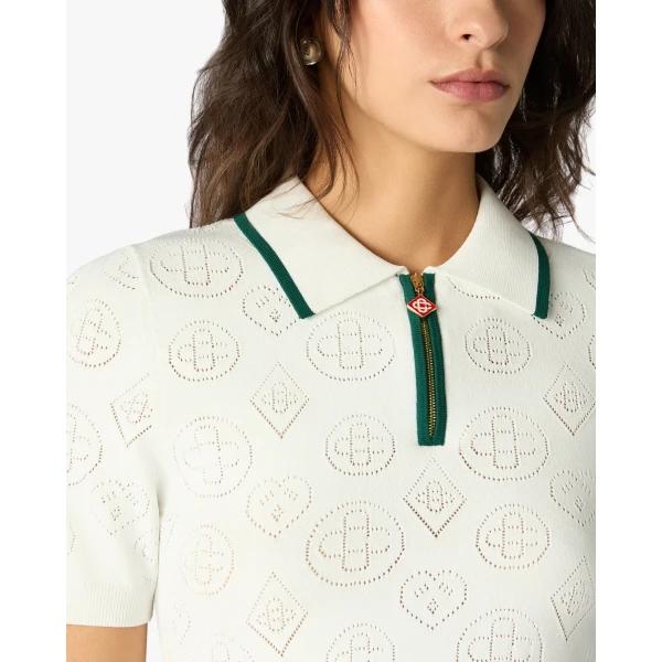 Casablanca White Pointelle Monogram Short Sleeve Cropped Polo Shirt | Polo Shirt | Luxury Shoes 