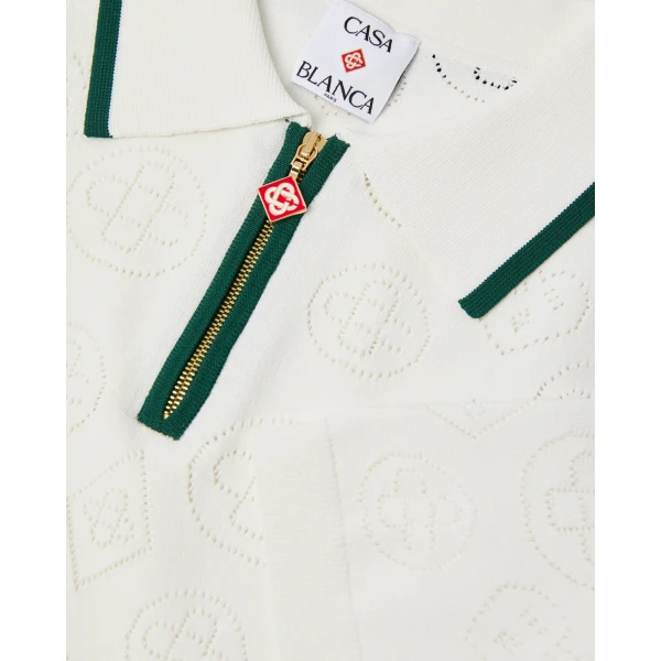 Casablanca White Pointelle Monogram Short Sleeve Cropped Polo Shirt | Polo Shirt | Luxury Shoes 