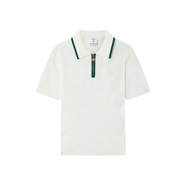 Casablanca White Pointelle Monogram Short Sleeve Cropped Polo Shirt | Polo Shirt | Luxury Shoes 