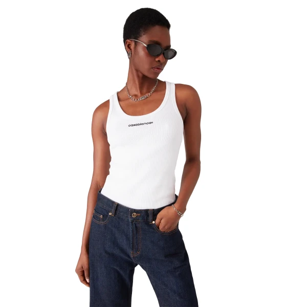 Casablanca White Ribbed Tank Top | Tank Top | Luxury Shoes 