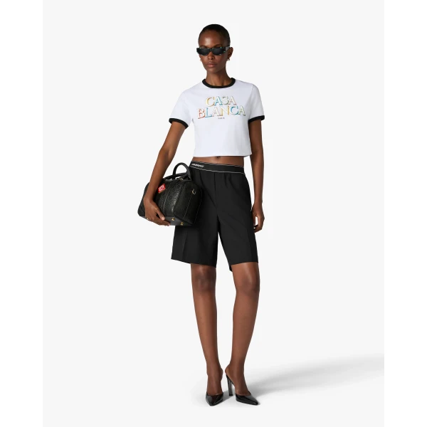 Casablanca White Stacked Logo Cropped Baby Short Sleeve T-Shirt | T-Shirt | Luxury Shoes 