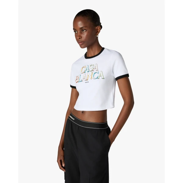 Casablanca White Stacked Logo Cropped Baby Short Sleeve T-Shirt | T-Shirt | Luxury Shoes 