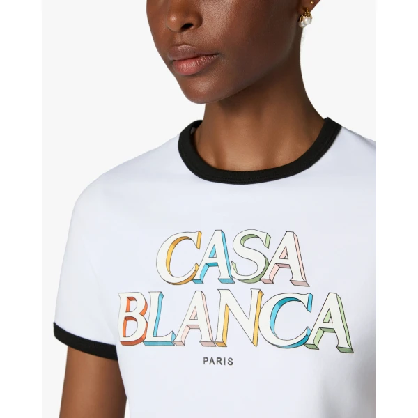 Casablanca White Stacked Logo Cropped Baby Short Sleeve T-Shirt | T-Shirt | Luxury Shoes 