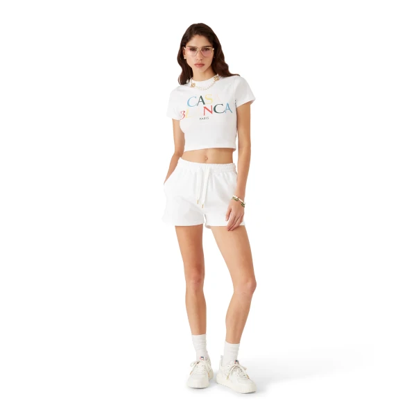 Casablanca White Stacked Logo Cropped Short Sleeve T-Shirt | T-Shirt | Luxury Shoes 