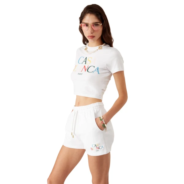 Casablanca White Stacked Logo Cropped Short Sleeve T-Shirt | T-Shirt | Luxury Shoes 