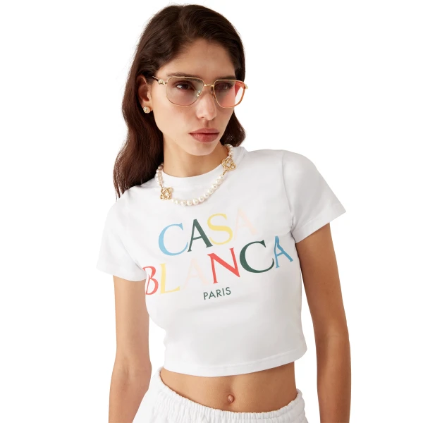 Casablanca White Stacked Logo Cropped Short Sleeve T-Shirt | T-Shirt | Luxury Shoes 