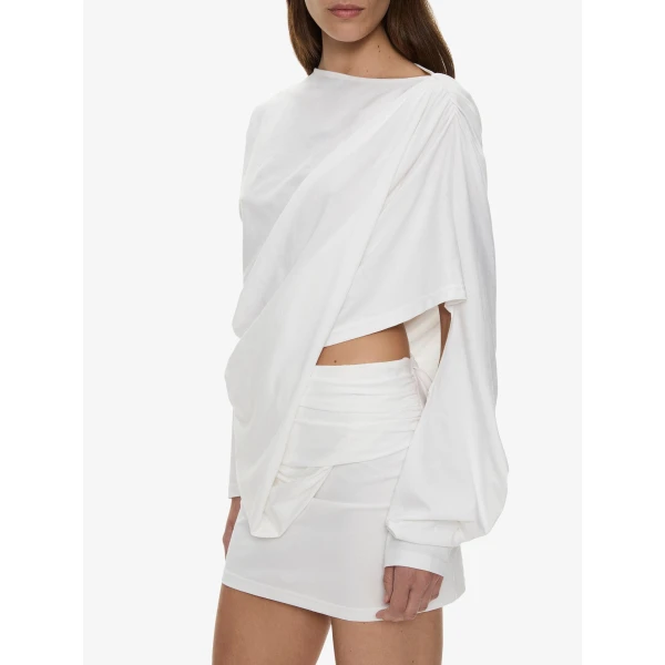 Christopher Esber Aiba Draped Cotton Jersey Long Sleeve Dress in White | Mini Dresses | Luxury Shoes 