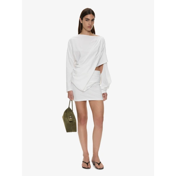 Christopher Esber Aiba Draped Cotton Jersey Long Sleeve Dress in White | Mini Dresses | Luxury Shoes 