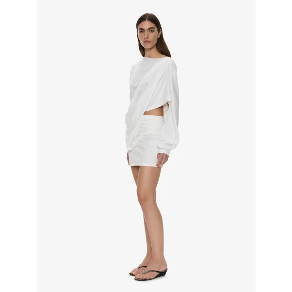 Christopher Esber Aiba Draped Cotton Jersey Long Sleeve Dress in White | Mini Dresses | Luxury Shoes 