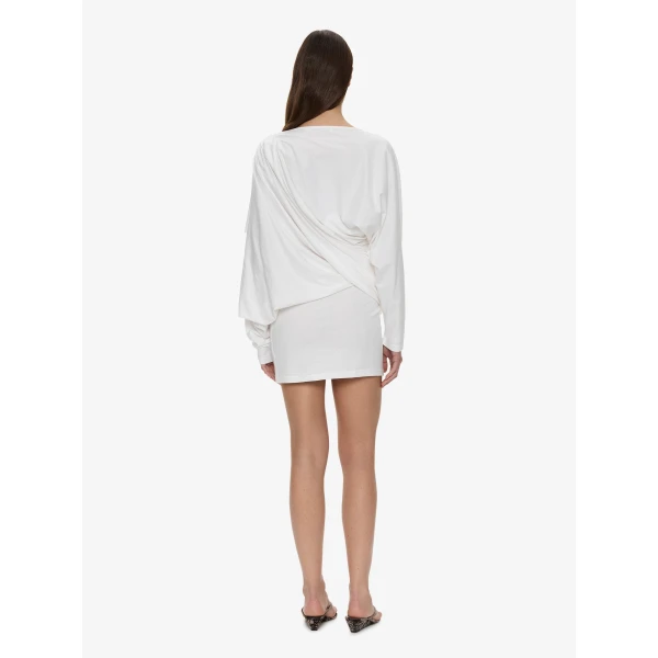 Christopher Esber Aiba Draped Cotton Jersey Long Sleeve Dress in White | Mini Dresses | Luxury Shoes 