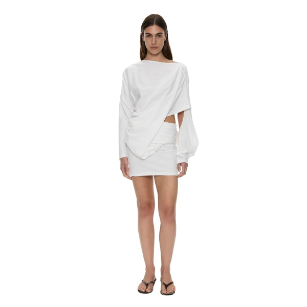 Christopher Esber Aiba Draped Cotton Jersey Long Sleeve Dress in White | Mini Dresses | Luxury Shoes 