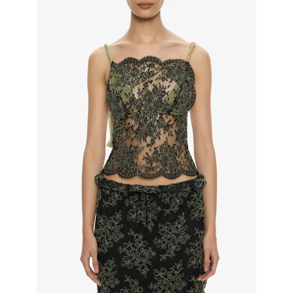 Christopher Esber Aluna Lace Draped Top in Fennel Charcoal | Tops | Luxury Shoes 