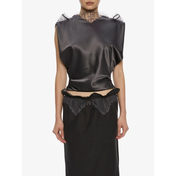 Christopher Esber Anais Sateen Lace Top in Dark Smoke | Tops | Luxury Shoes 