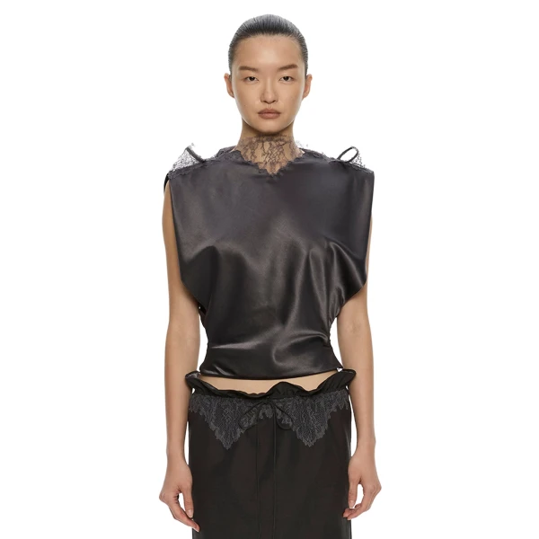 Christopher Esber Anais Sateen Lace Top in Dark Smoke | Tops | Luxury Shoes 