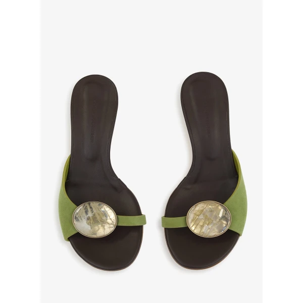Christopher Esber Aura Quartz Suede Kitten Mule in Dypsis Green Carob | Mules | Luxury Shoes 
