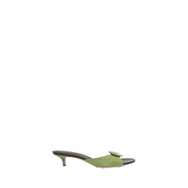 Aura Quartz Suede Kitten Mule in Dypsis Green Carob