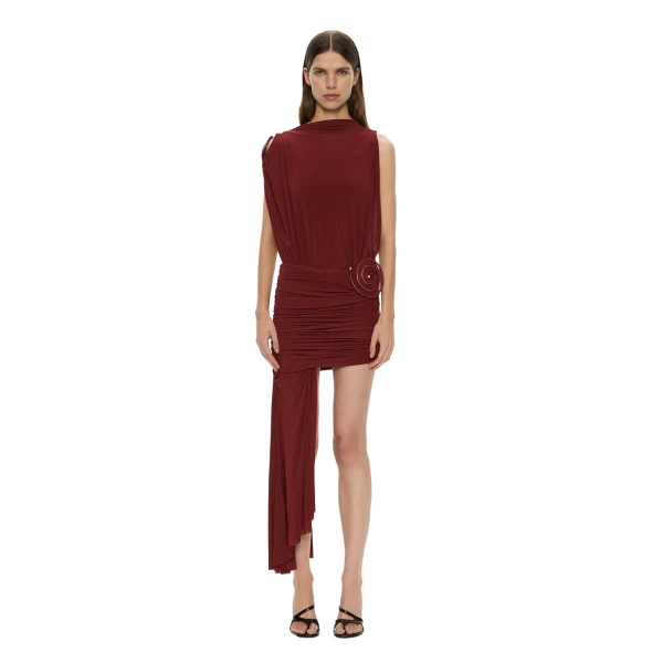 Christopher Esber Aurelia Sculpted Spiral Cascade Mini Dress in Wine | Mini Dresses | Luxury Shoes 