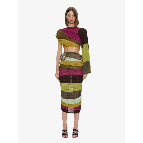 Christopher Esber Aurelia Sculpted Spiral Gathered Skirt in Kaleido Stripe | Skirts | Luxury Shoes 