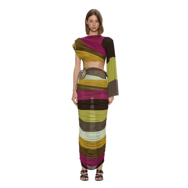 Aurelia Sculpted Spiral Gathered Skirt in Kaleido Stripe