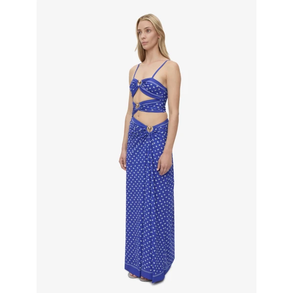 Christopher Esber Bandana Ruched Orbit Split Dress in Indigo Bandana Print | Maxi Dresses | Luxury Shoes 