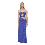 Christopher Esber Bandana Ruched Orbit Split Dress in Indigo Bandana Print | Maxi Dresses | Luxury Shoes 