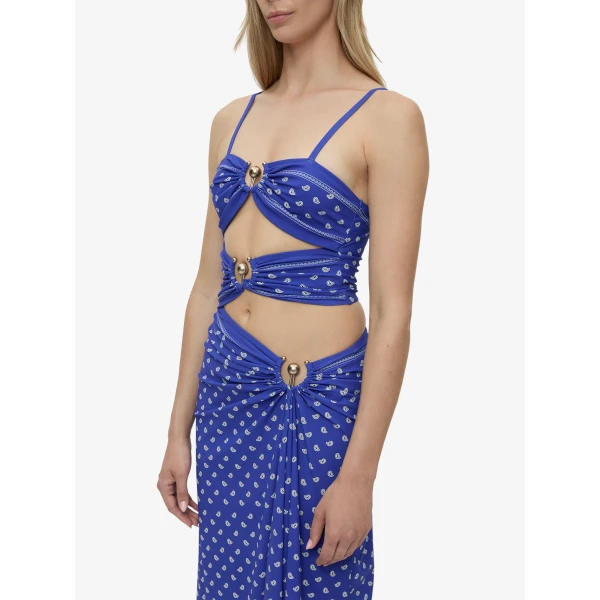 Christopher Esber Bandana Ruched Orbit Split Dress in Indigo Bandana Print | Maxi Dresses | Luxury Shoes 