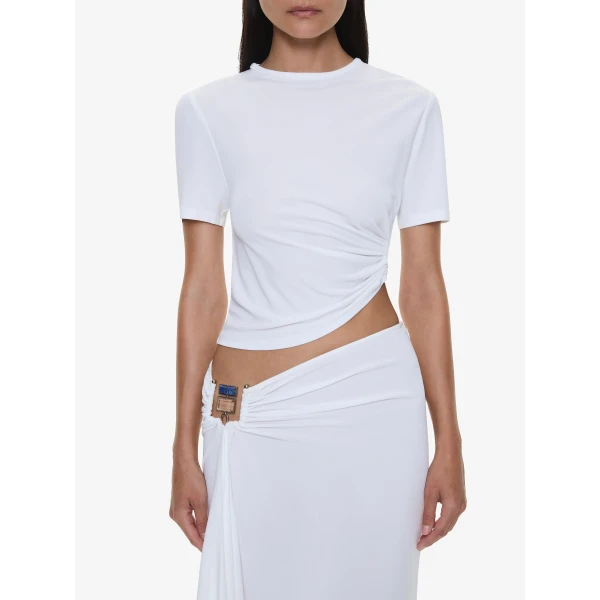 Christopher Esber Bezel Quartz Ruched Tee in White | T-shirts | Luxury Shoes 