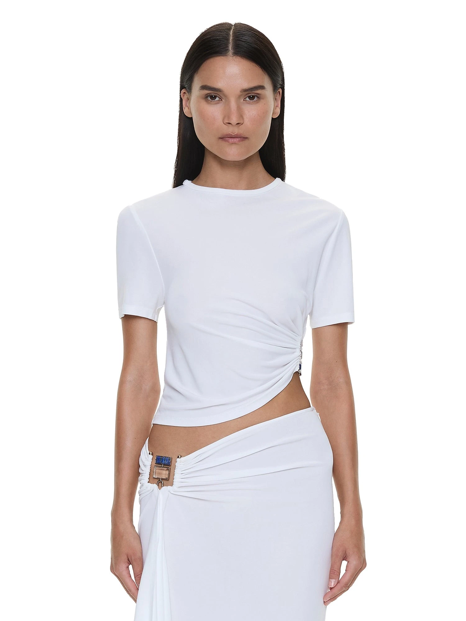 Christopher Esber Bezel Quartz Ruched Tee in White Christopher Esber Bezel Quartz Ruched Tee in White | T-shirts | Luxury Shoes