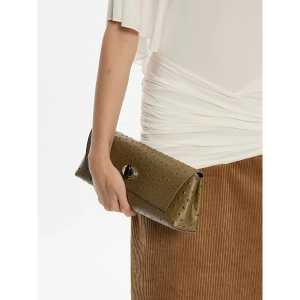 Christopher Esber Buki Embossed Clutch in Khaki | Clutch Bags | Luxury Shoes 