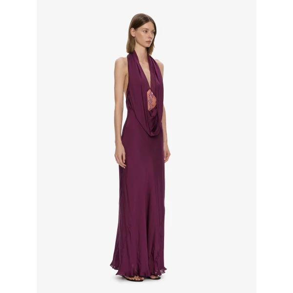 Christopher Esber Cesura Cowl Lace Halter Gown in Plum | Evening Gowns | Luxury Shoes 