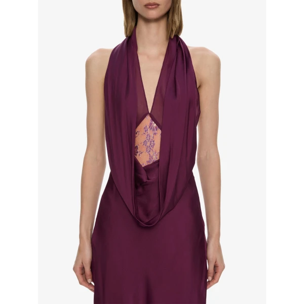 Christopher Esber Cesura Cowl Lace Halter Gown in Plum | Evening Gowns | Luxury Shoes 