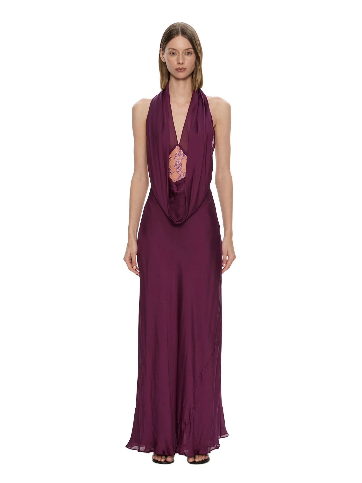 Christopher Esber Cesura Cowl Lace Halter Gown in Plum Christopher Esber Cesura Cowl Lace Halter Gown in Plum | Evening Gowns | Luxury Shoes