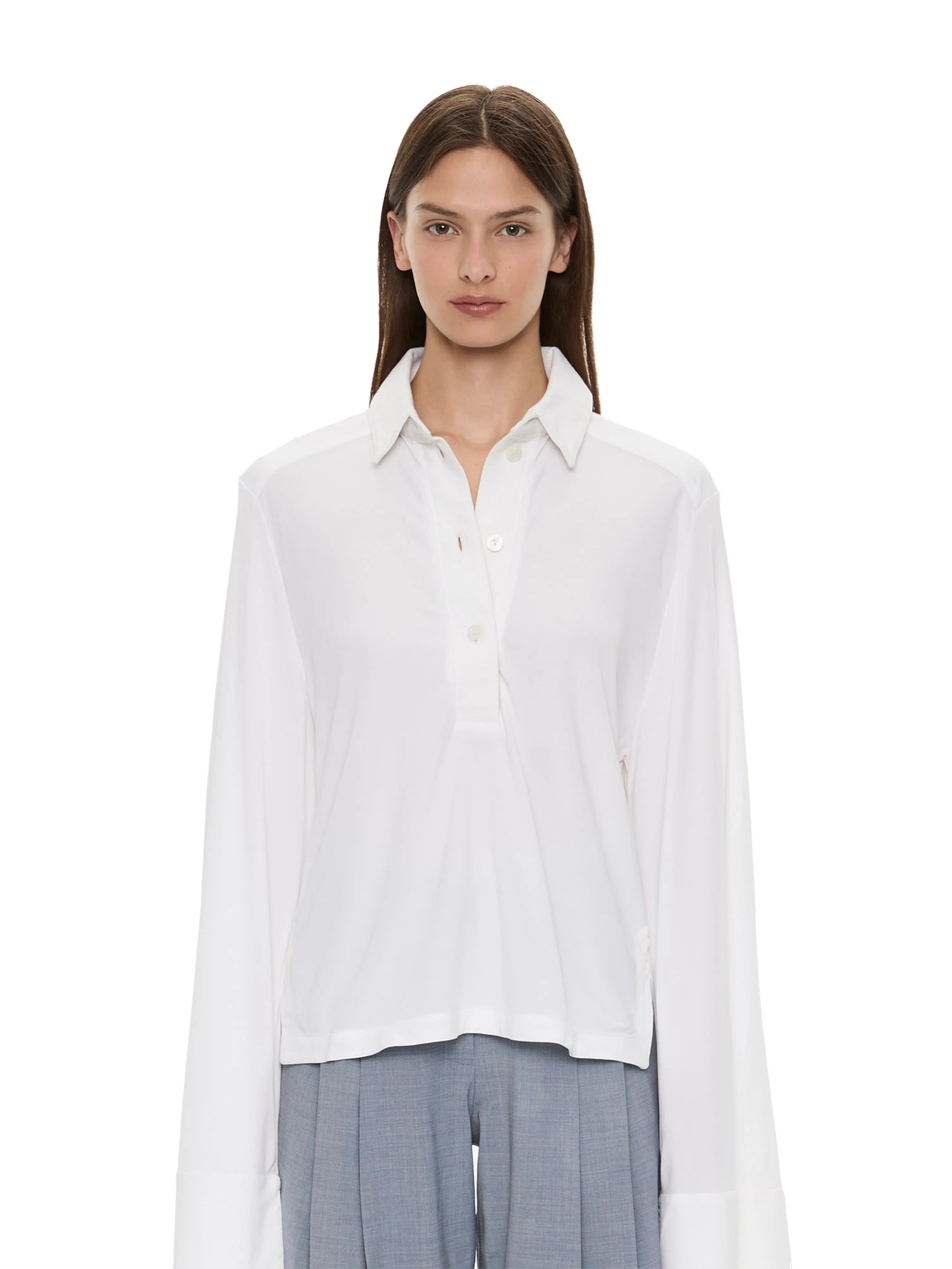 Christopher Esber Deconstruct Denim Long Sleeve Polo in White Christopher Esber Deconstruct Denim Long Sleeve Polo in White | Long Sleeve | Luxury Shoes