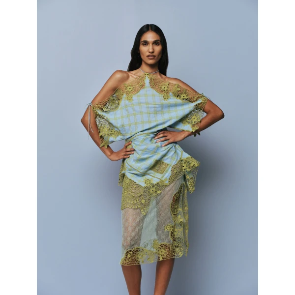 Christopher Esber Embroidered Handkerchief Envelope Dress in Sky Caper Check | Midi Dresses | Luxury Shoes 