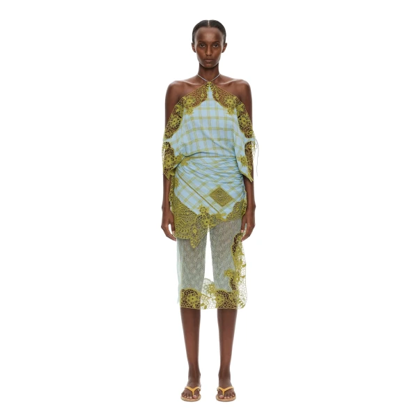 Embroidered Handkerchief Envelope Dress in Sky Caper Check
