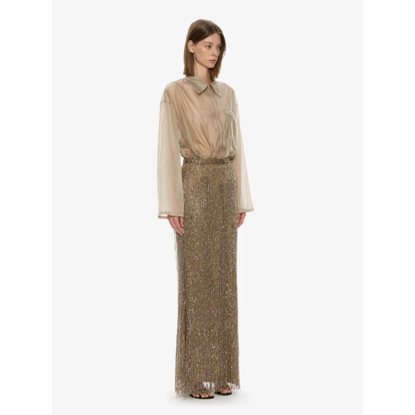 Christopher Esber Gilded Chevron Lace Skirt in Golden Khaki | Skirts | Luxury Shoes 