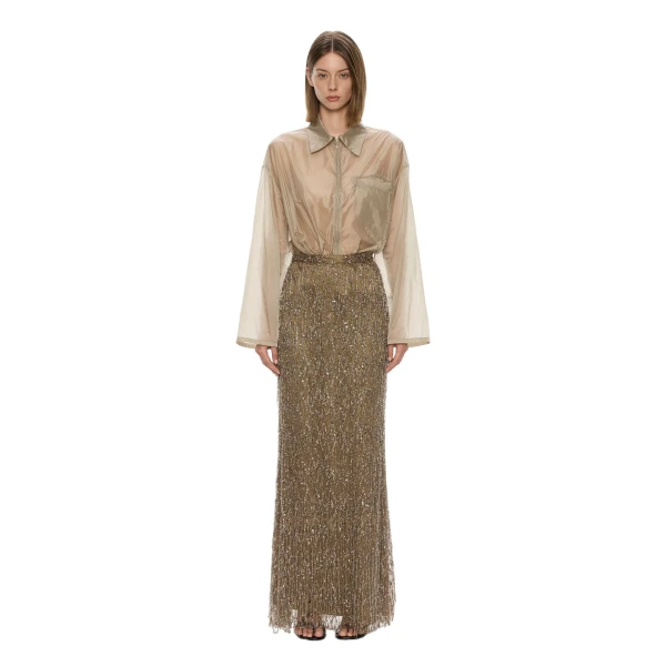 Christopher Esber Gilded Chevron Lace Skirt in Golden Khaki | Skirts | Luxury Shoes 
