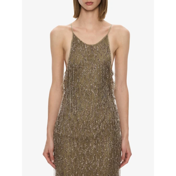 Christopher Esber Gilded Chevron Lace Tank Dress in Bronzed Khaki | Midi Dresses | Luxury Shoes 