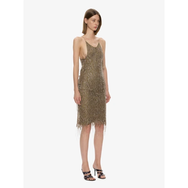 Christopher Esber Gilded Chevron Lace Tank Dress in Bronzed Khaki | Midi Dresses | Luxury Shoes 