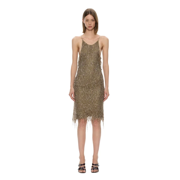 Christopher Esber Gilded Chevron Lace Tank Dress in Bronzed Khaki | Midi Dresses | Luxury Shoes 