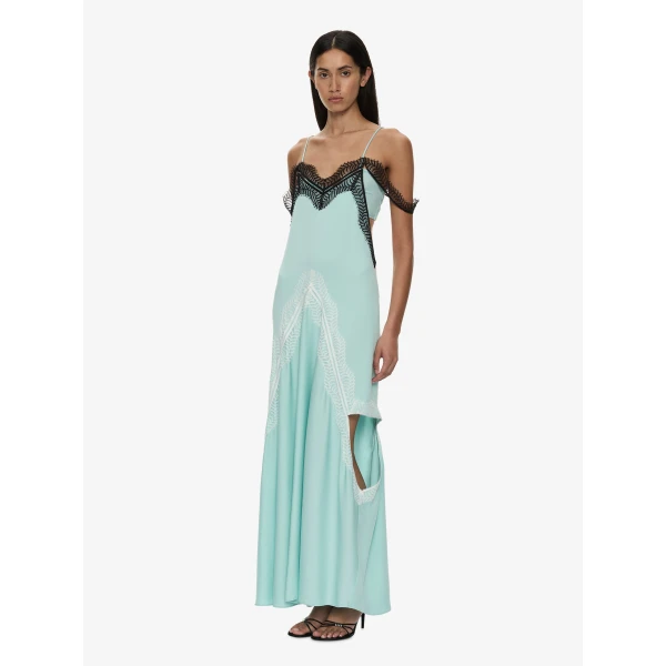 Christopher Esber Keira Split Lace Cutaway Dress in Mystic Mint Multi | Maxi Dresses | Luxury Shoes 