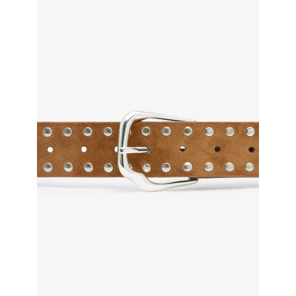 Christopher Esber Maverick Suede Studded Belt in Russet Silver Buckle | Belts | Luxury Shoes 