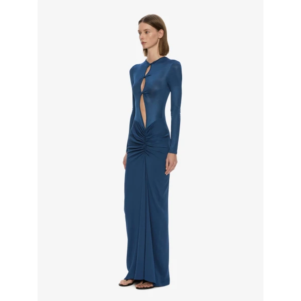 Christopher Esber Open Twist Ruched Long Sleeve Dress in Mineral Blue | Maxi Dresses | Luxury Shoes 