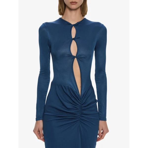 Christopher Esber Open Twist Ruched Long Sleeve Dress in Mineral Blue | Maxi Dresses | Luxury Shoes 