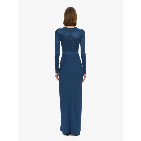 Christopher Esber Open Twist Ruched Long Sleeve Dress in Mineral Blue | Maxi Dresses | Luxury Shoes 