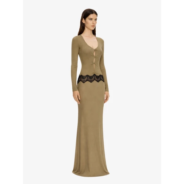 Christopher Esber Open Twist Verner Scooped Long Sleeve Dress in Khaki Black | Maxi Dresses | Luxury Shoes 