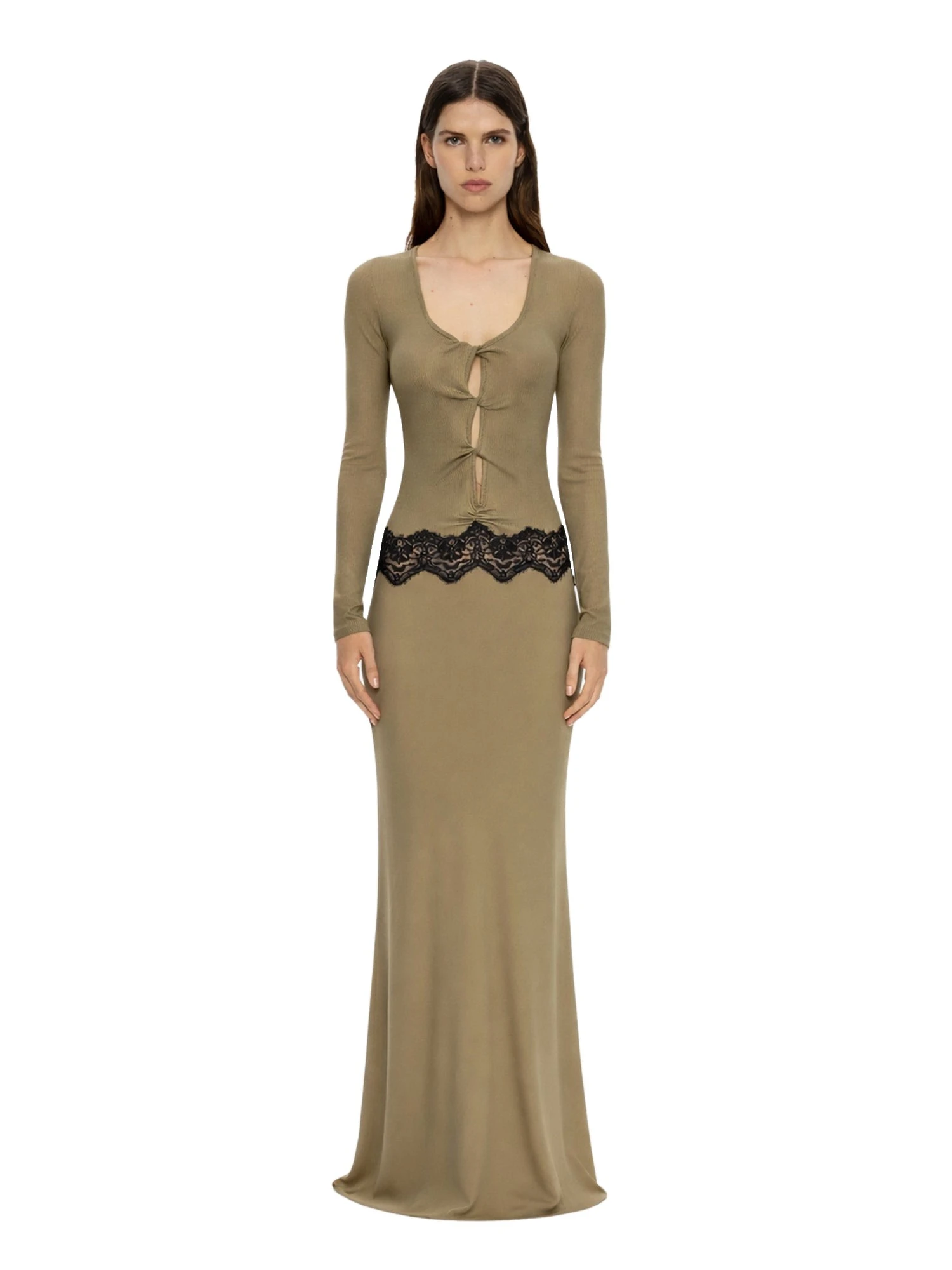 Christopher Esber Open Twist Verner Scooped Long Sleeve Dress in Khaki Black Christopher Esber Open Twist Verner Scooped Long Sleeve Dress in Khaki Black | Maxi Dresses | Luxury Shoes