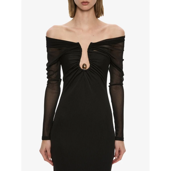 Christopher Esber Orbit Ruched Sheer Rib Column Dress in Black | Maxi Dresses | Luxury Shoes 