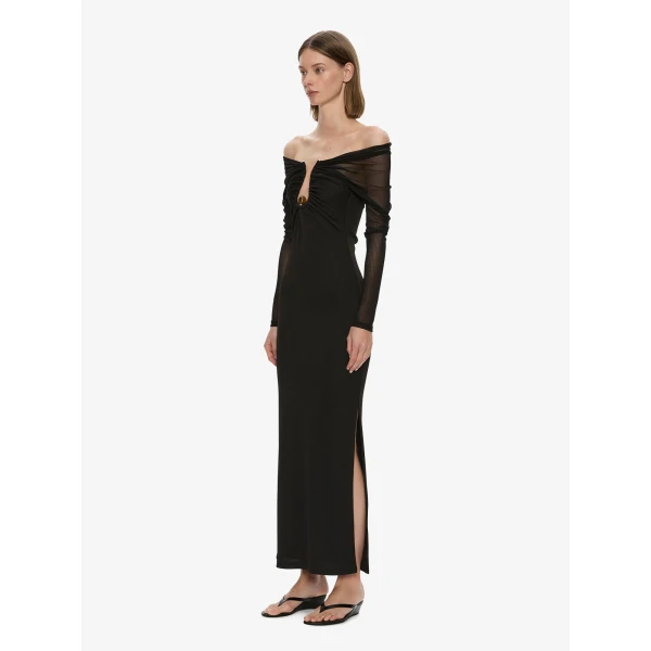 Christopher Esber Orbit Ruched Sheer Rib Column Dress in Black | Maxi Dresses | Luxury Shoes 